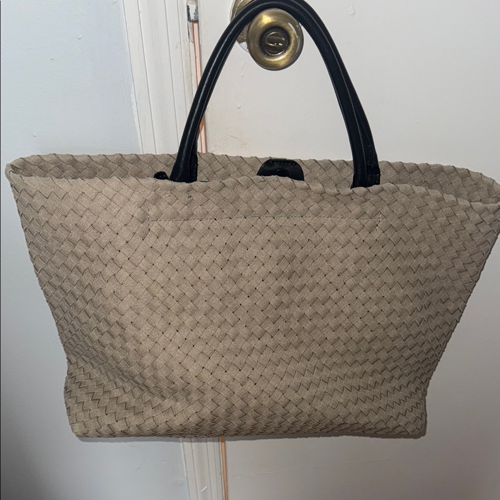Elegant Tan Woven Tote with Black Handles